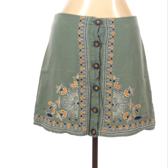 Blue Rain Embroidered Boho Linen Hippy Button Skirt Size Large - Picture 1 of 6